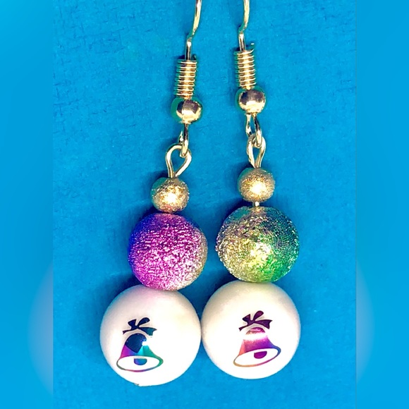 Christmas Bell Purple Blue Green Gold Stardust & Metallic Glass Dangle Earrings - Picture 1 of 4